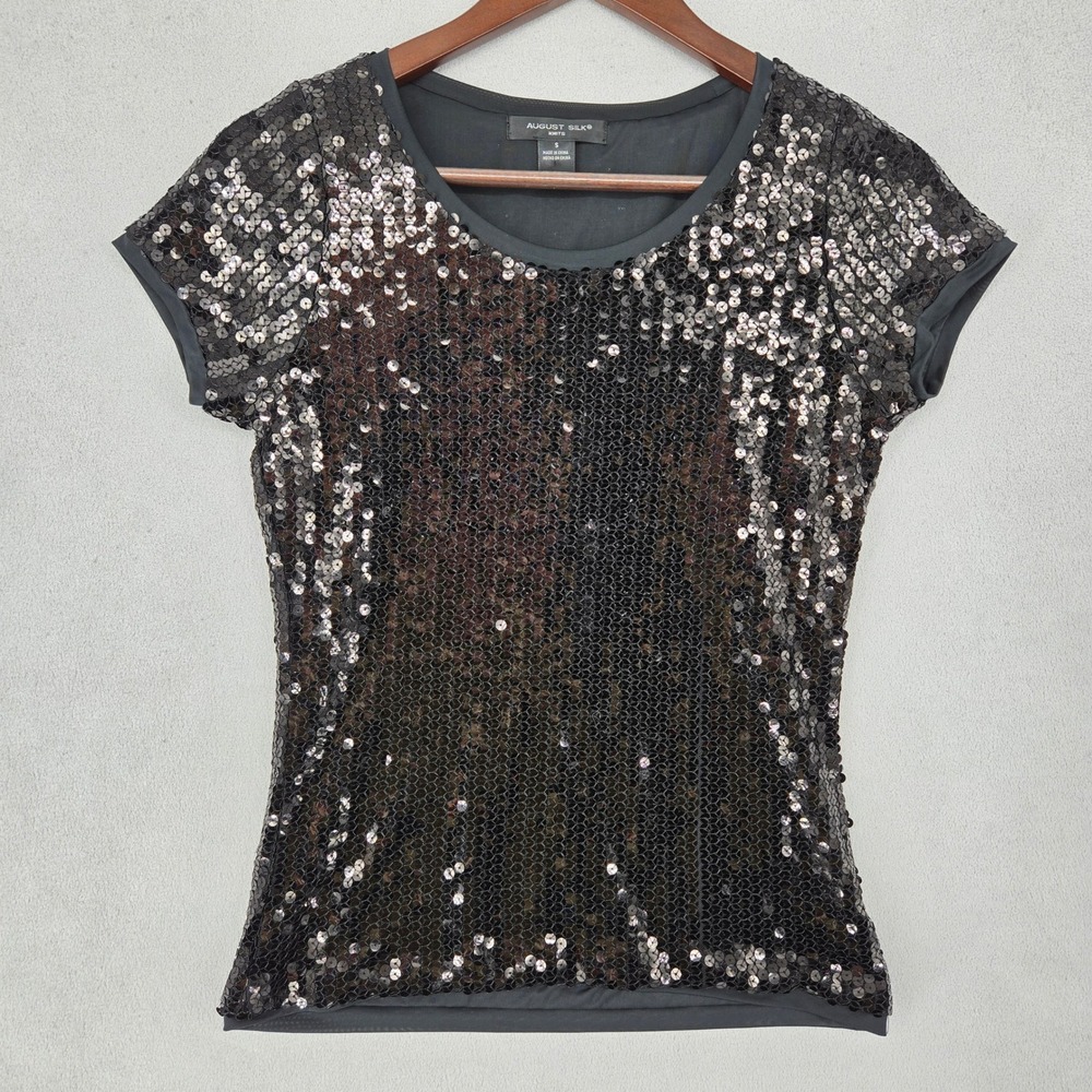 August Silk Womens S Sequin Short Sleeve Top Glam Holiday Party Sparkle Bronze
